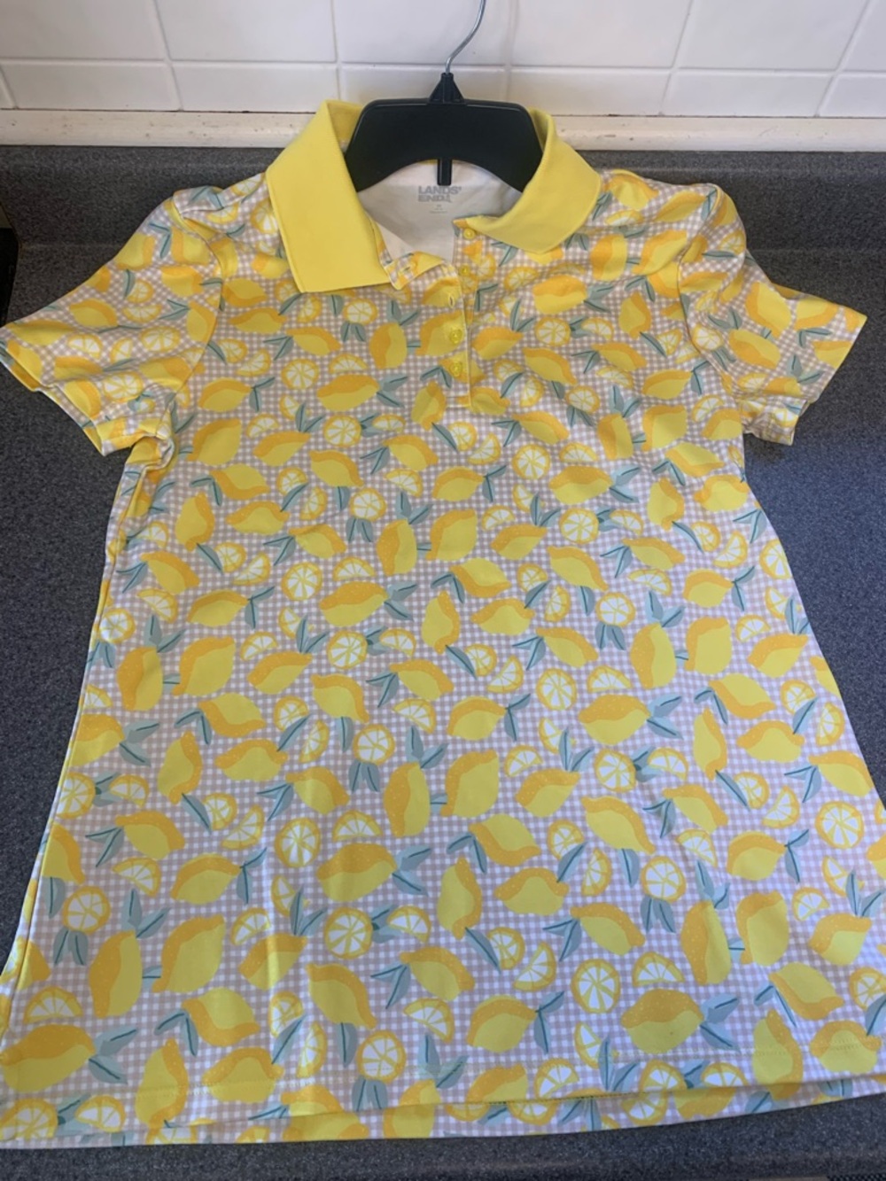 Lands' End Womens Short Sleeve Supima Polo Bright Sun Yellow Lemon Check Medium